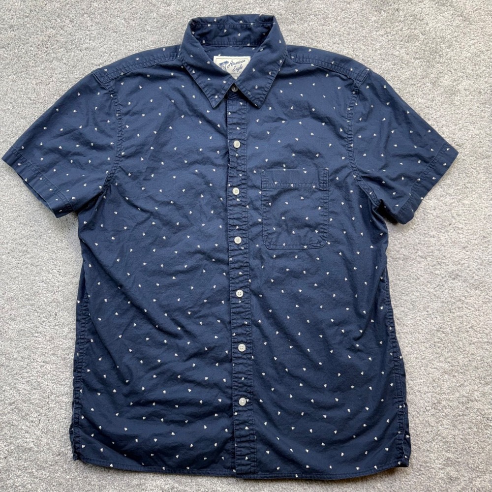 American Eagle Mens Medium Blue Geometric Triangle Print Short Sleeve Shirt